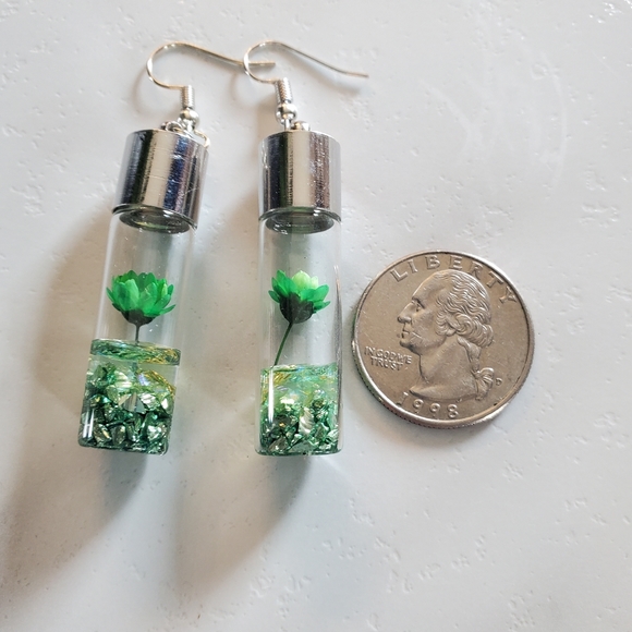 Green Wish Flowers Glass Bottle Dangle Earrings - Picture 3 of 12